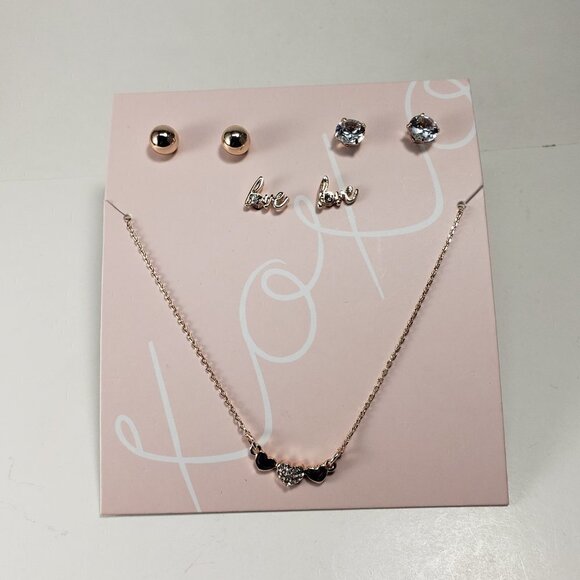 Women's Rose Gold-tone triple Heart Rhinestone Lilac Necklace w/ 3 stud Earrings - Picture 6 of 10